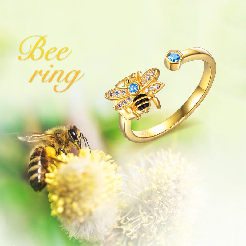 Bee Ring 925 Silver Cz Stone Open Adjustable - Bella Trendee